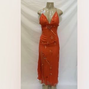 Scala XS 2000’s 100% silk full length orange beaded dress